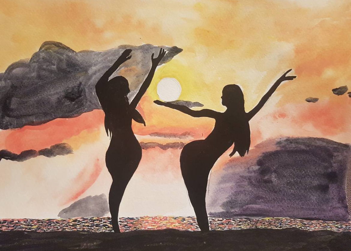 A watercolor painting by the founder — two silhouettes dancing at Aegean sunset