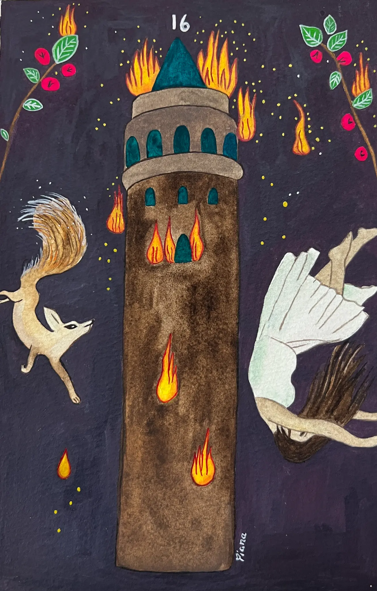 Tarot card 16 — The Tower burning at night, a fox and falling figure, hand-painted by Tiana Griego