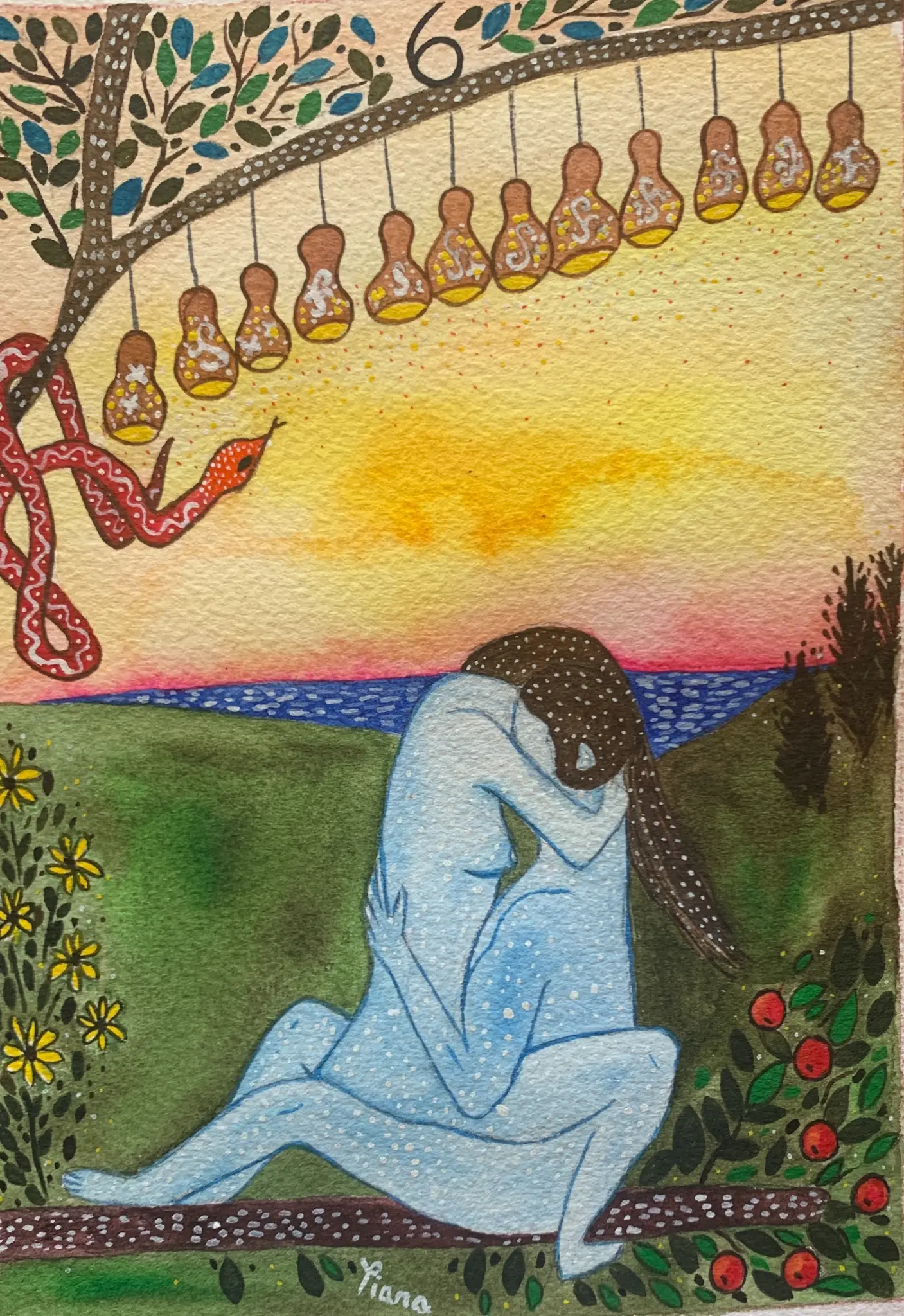Tarot card 6 — woman embracing herself at sunset by the sea, snake in the tree, hand-painted by Tiana Griego