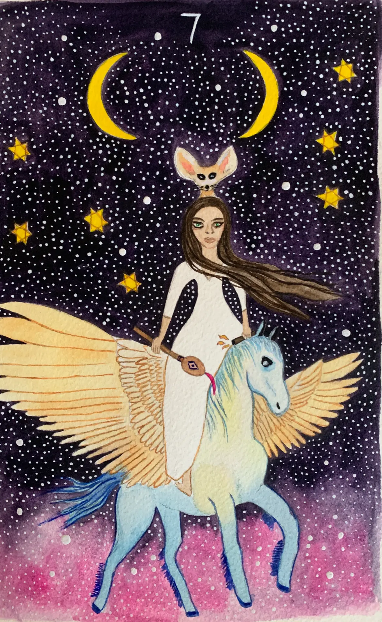 Tarot card 7 — woman riding a winged horse through a starlit sky, hand-painted by Tiana Griego